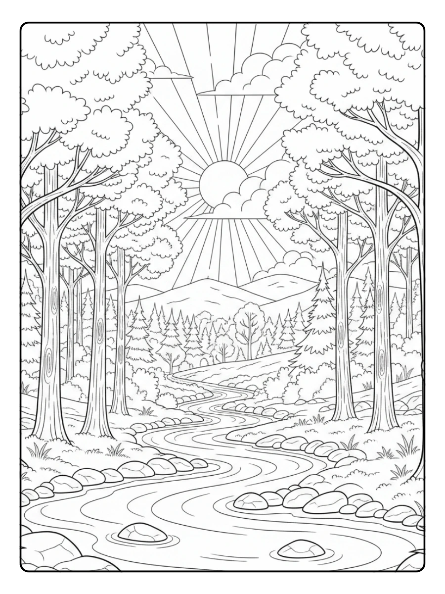Nature Coloring Pages – River and Trees
