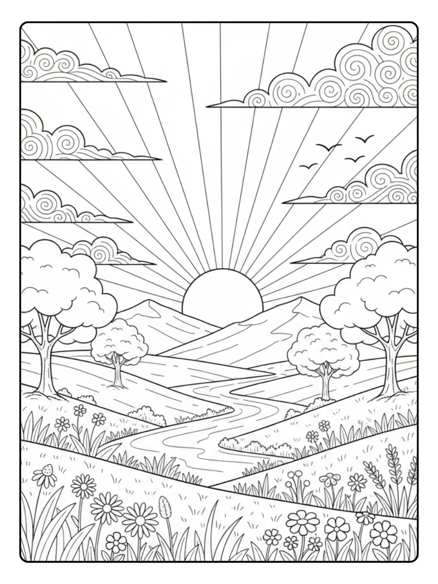 Nature Coloring Pages – Sunrise Scene