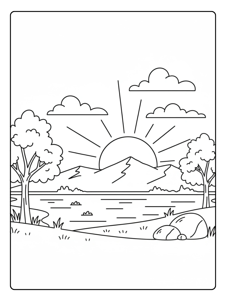 Nature Coloring Pages – Sunset Landscape