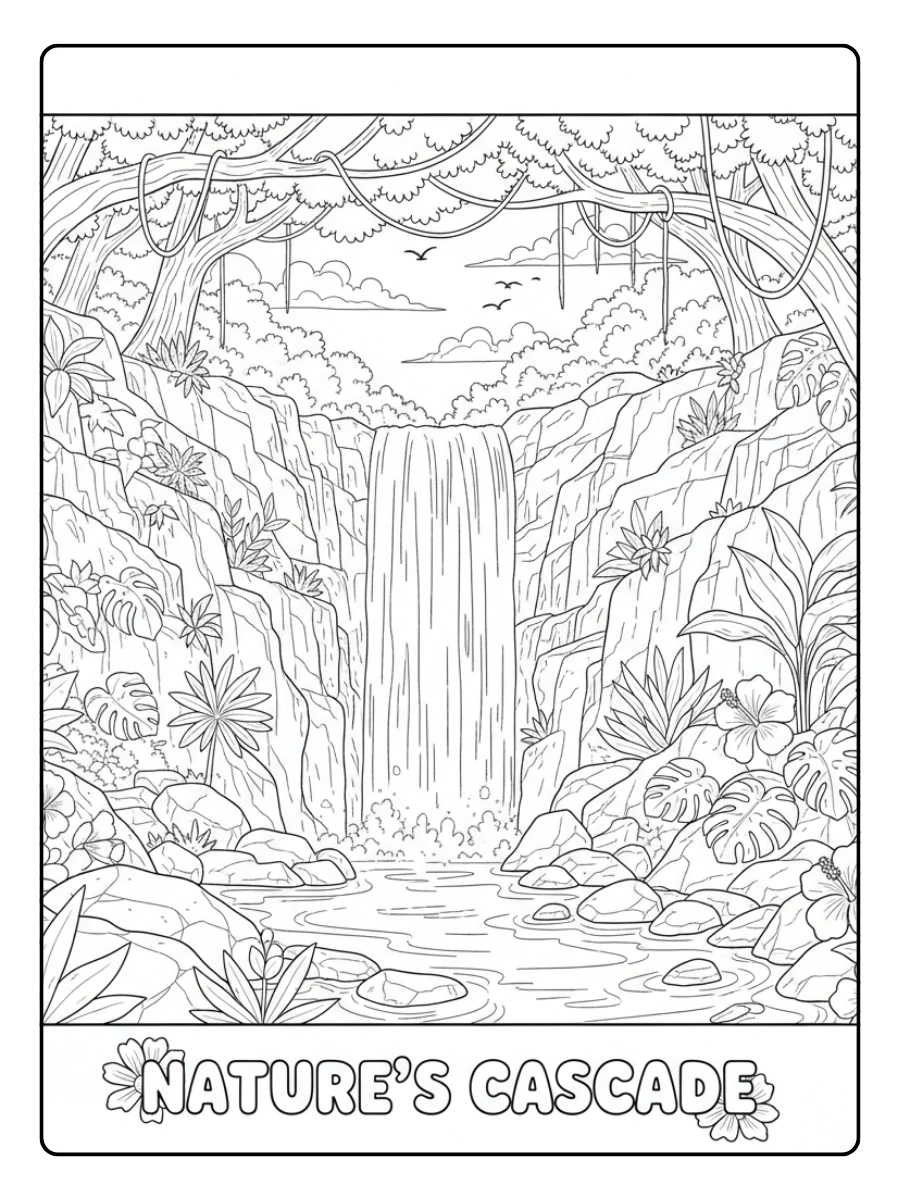Nature Coloring Pages – Waterfall Scene