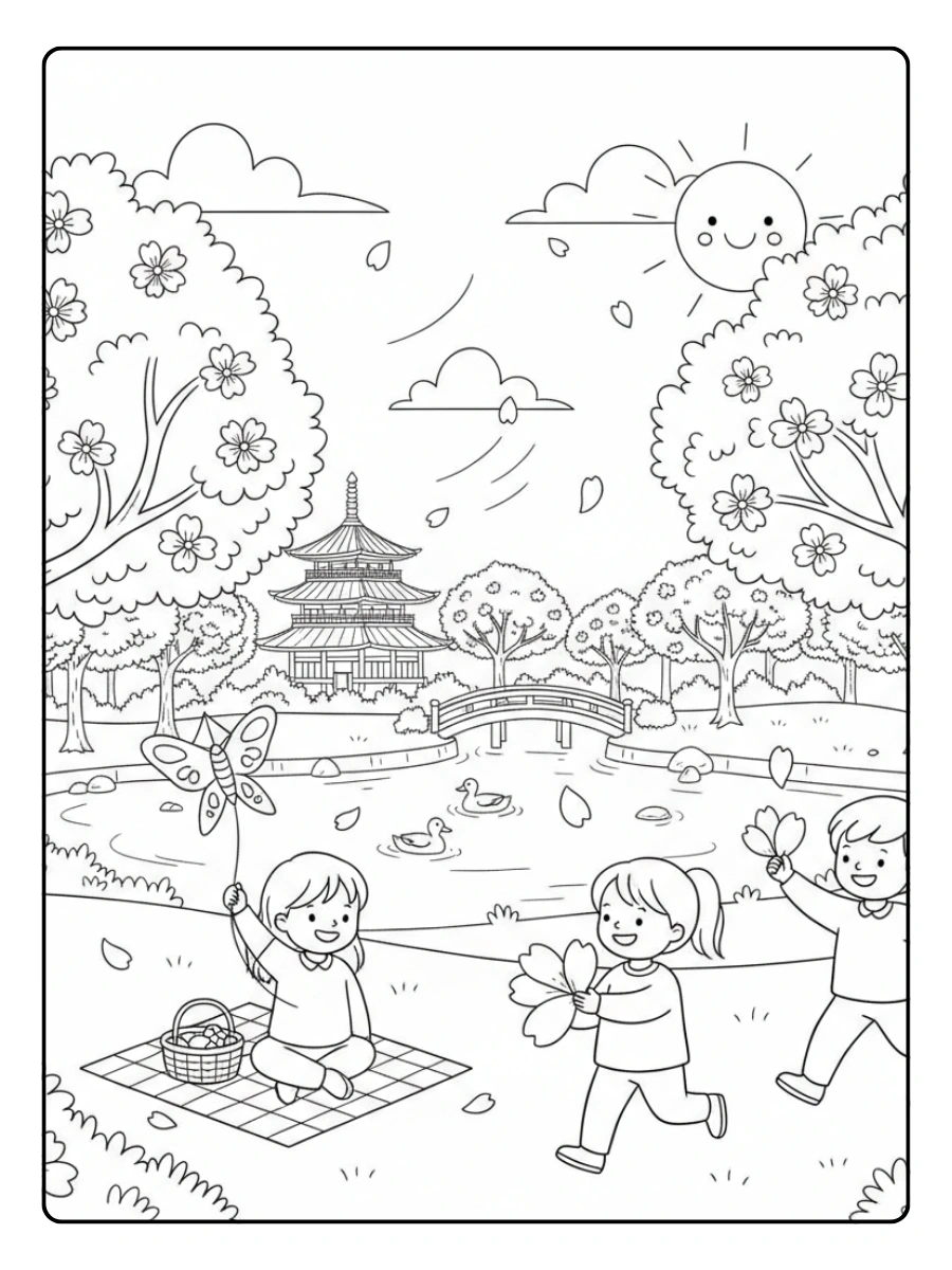 Nature & Seasons Coloring Pages – Cherry Blossoms