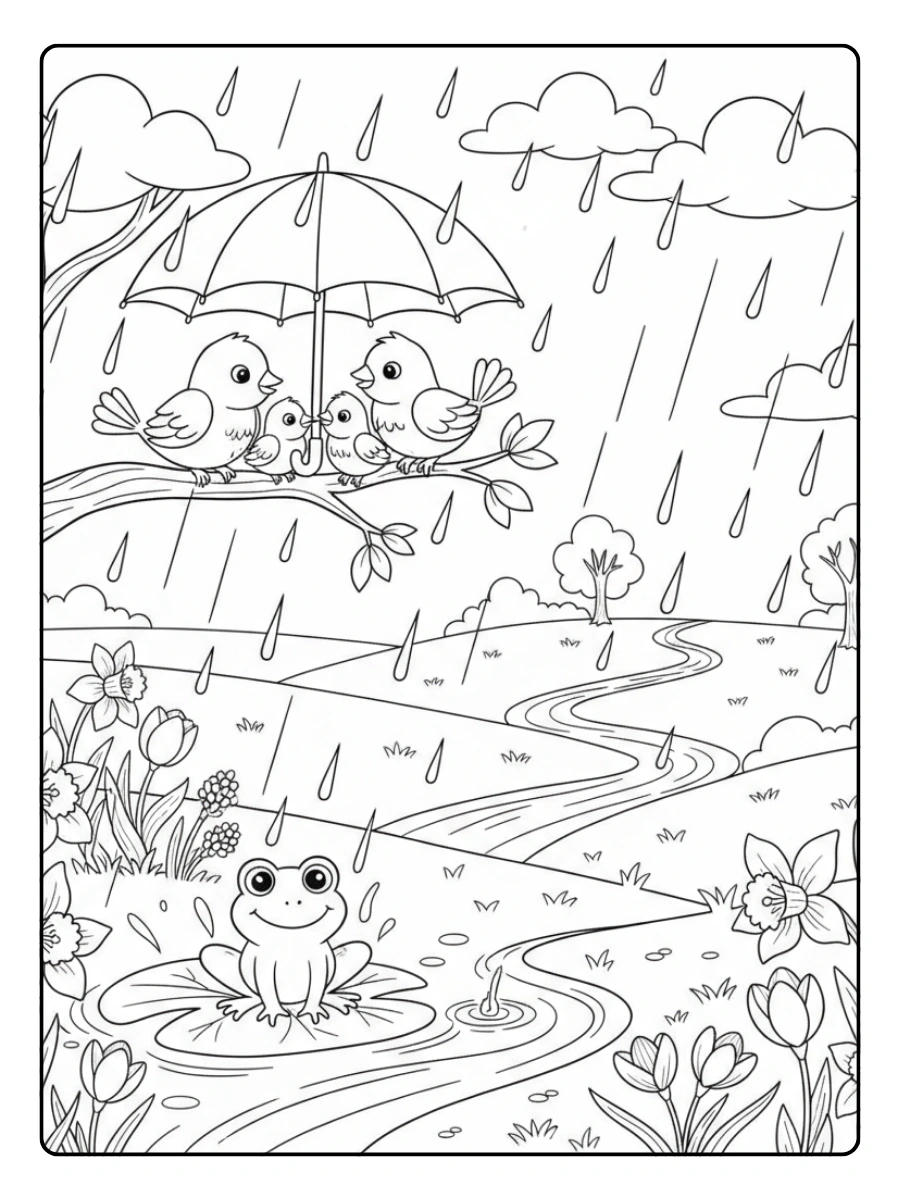 Nature & Seasons Coloring Pages – Spring Rain