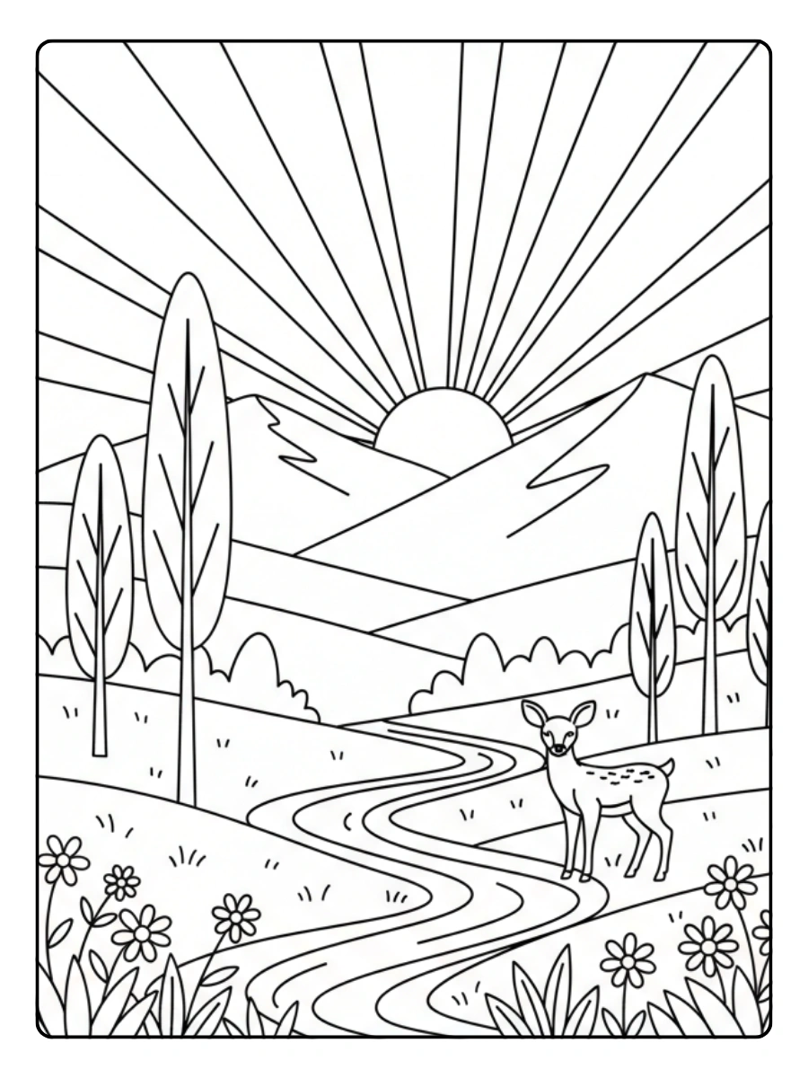 Nature & Seasons Coloring Pages – Sunrise Scene