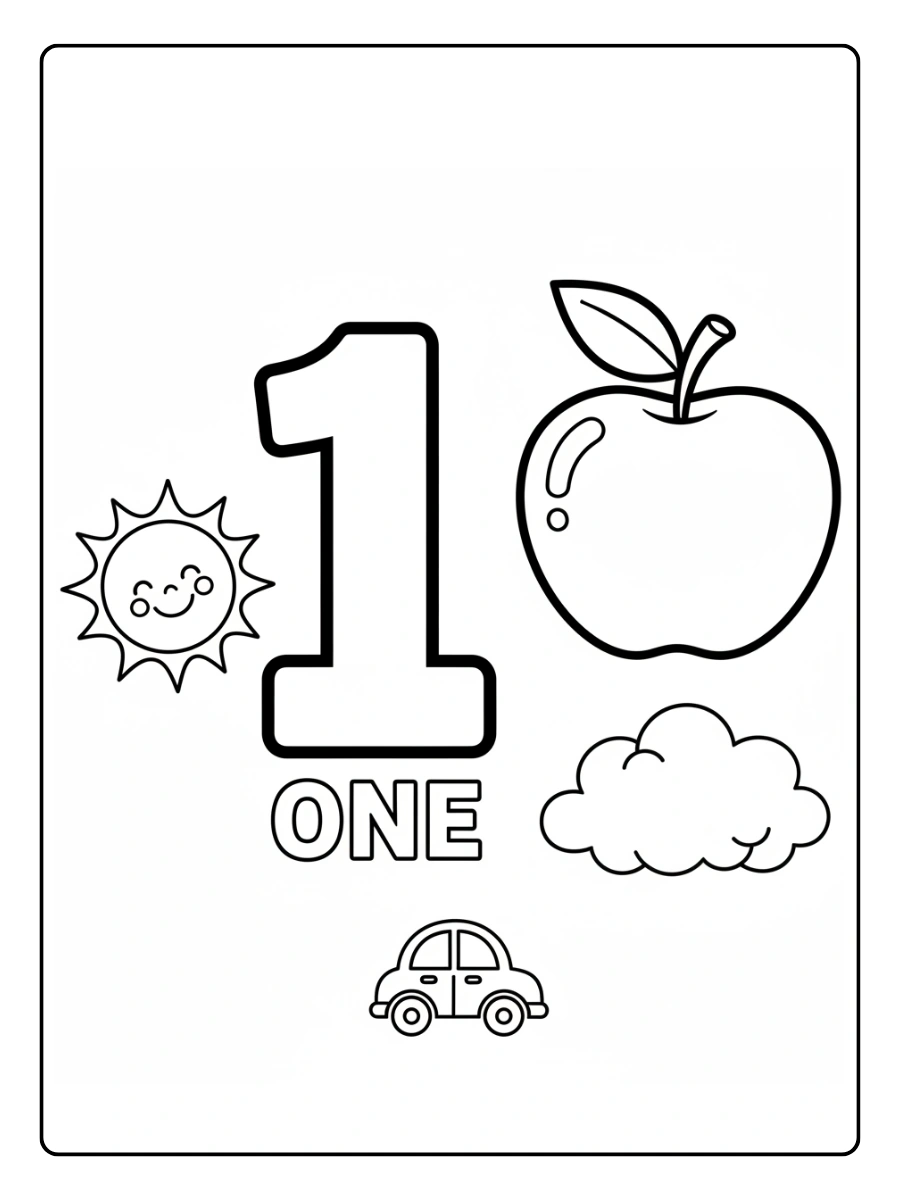 Number Coloring Pages – Number 1 with Objects