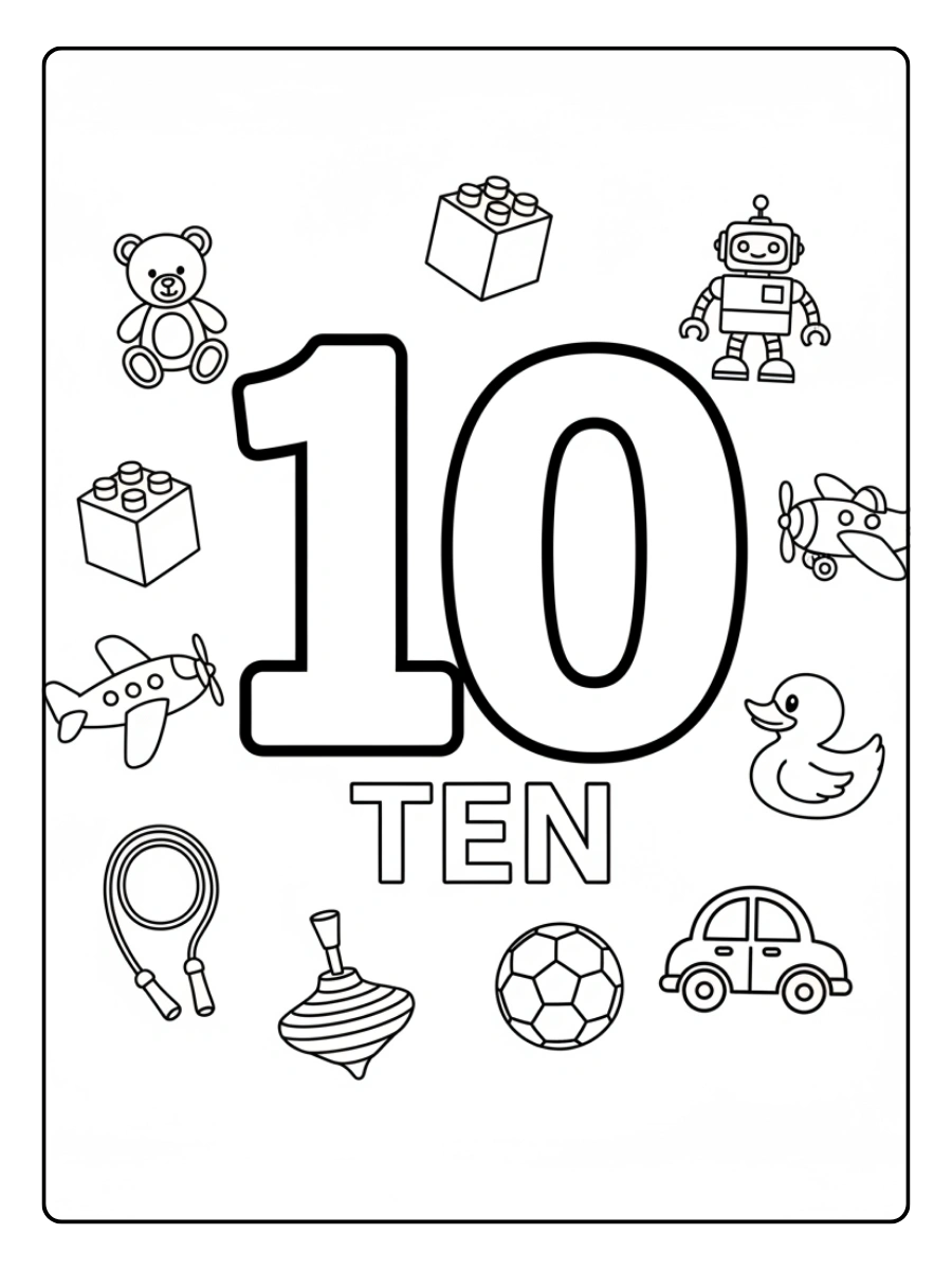 Number Coloring Pages – Number 10 with Toys