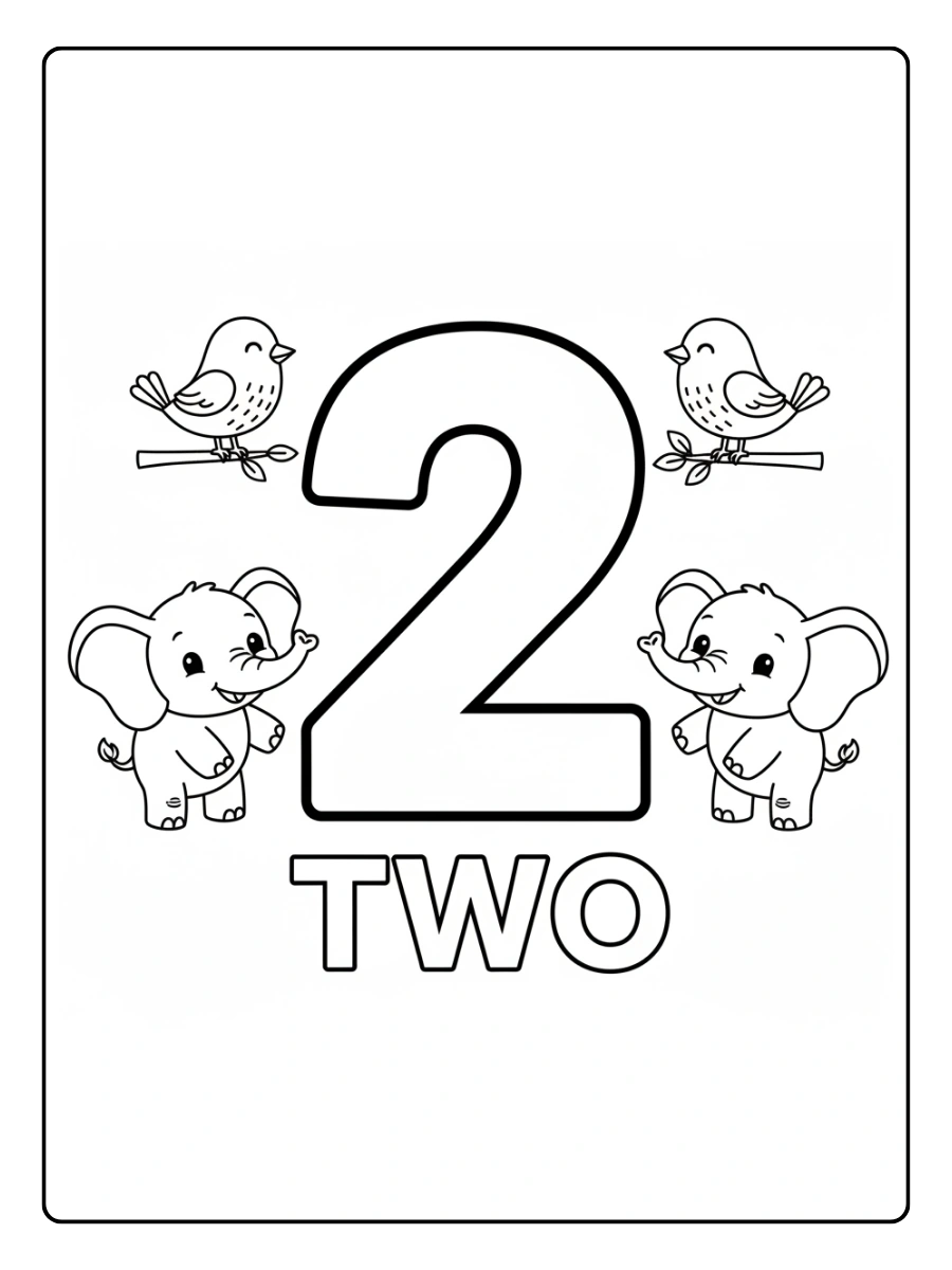 Number Coloring Pages – Number 2 with Animals