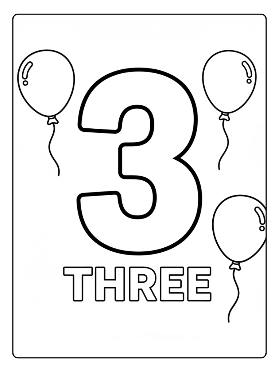 Number Coloring Pages – Number 3 with Balloons