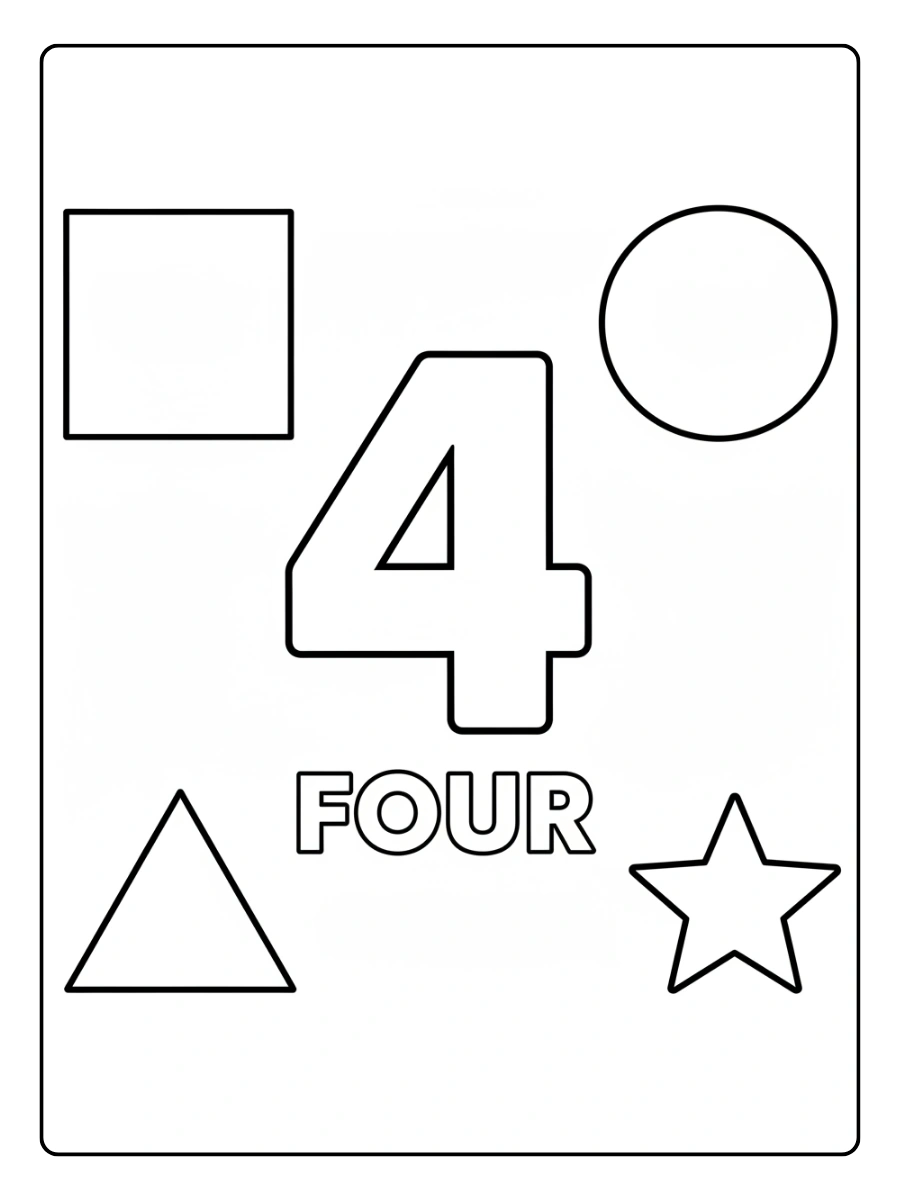 Number Coloring Pages – Number 4 with Shapes