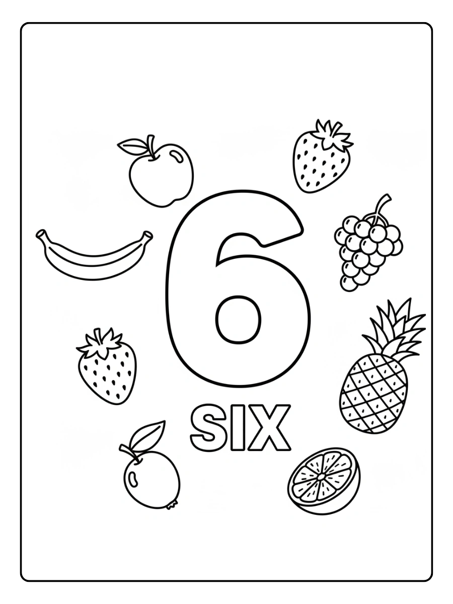 Number Coloring Pages – Number 6 with Fruits
