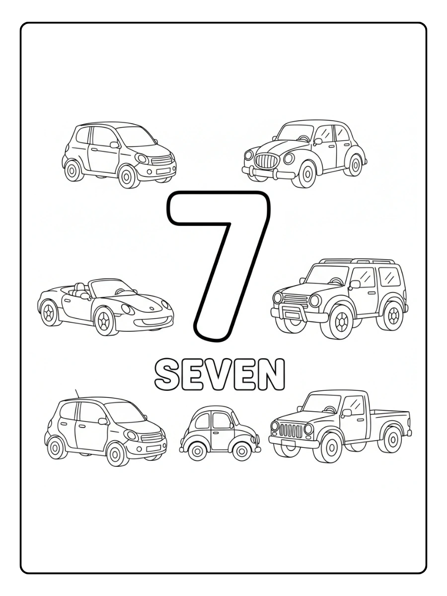 Number Coloring Pages – Number 7 with Cars