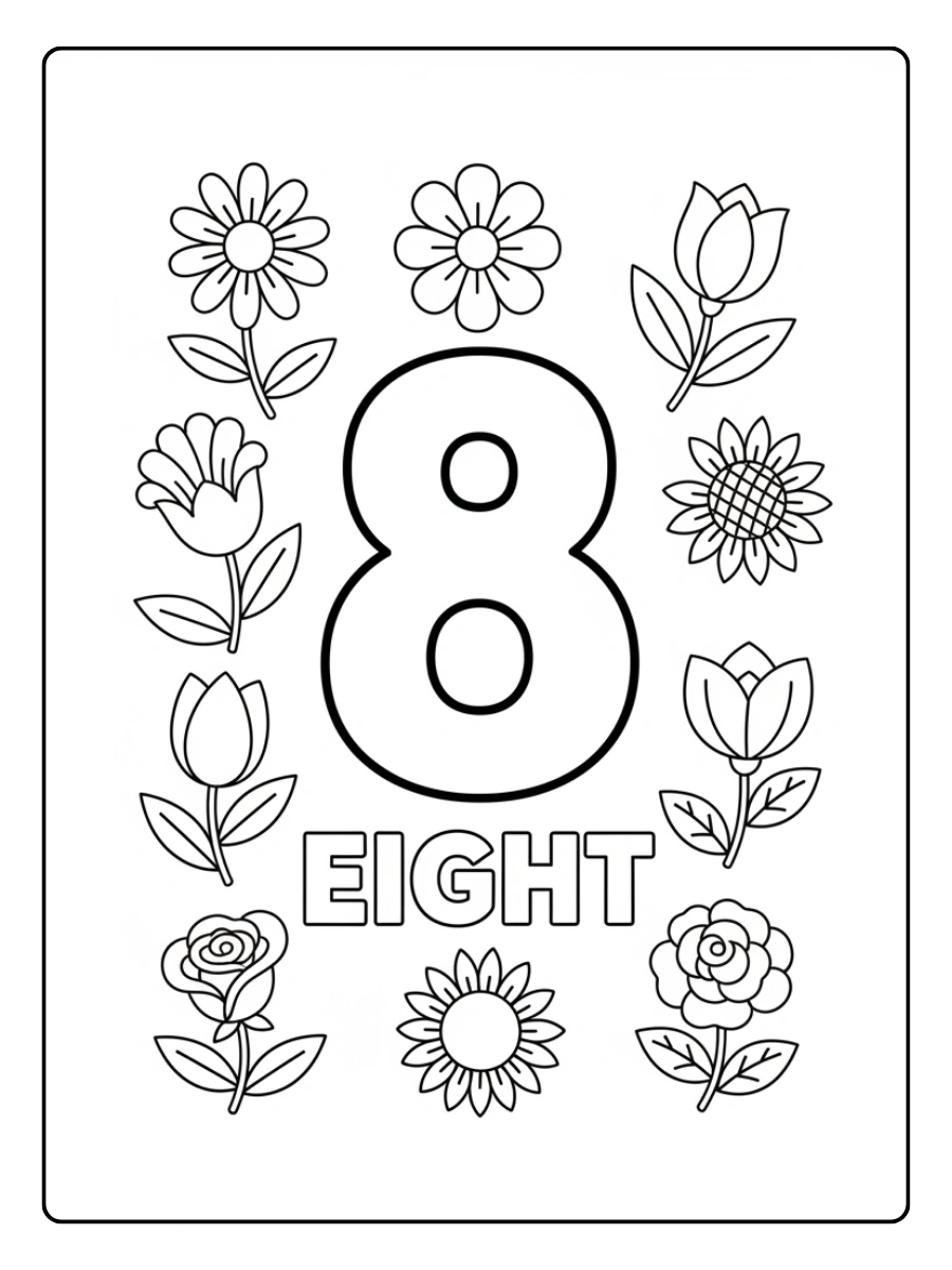 Number Coloring Pages – Number 8 with Flowers