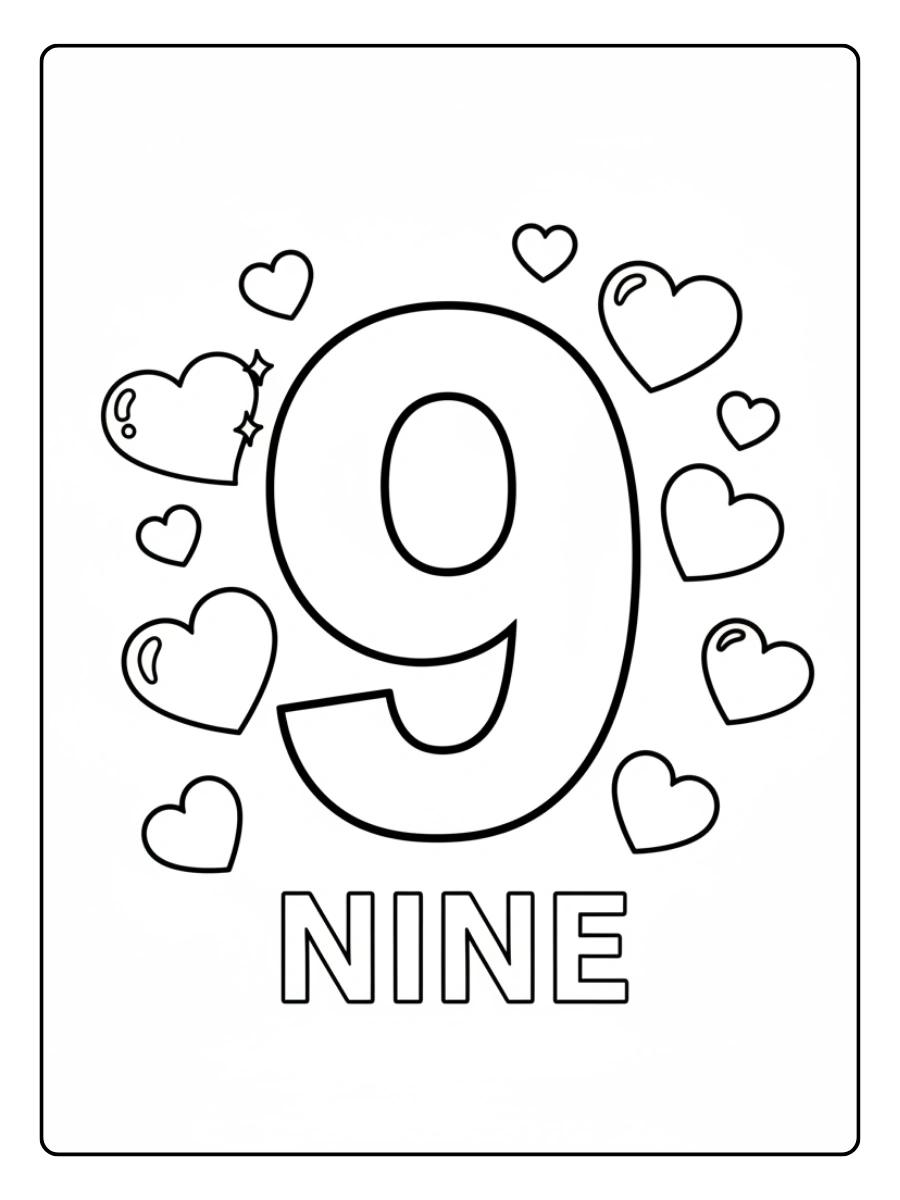 Number Coloring Pages – Number 9 with Hearts