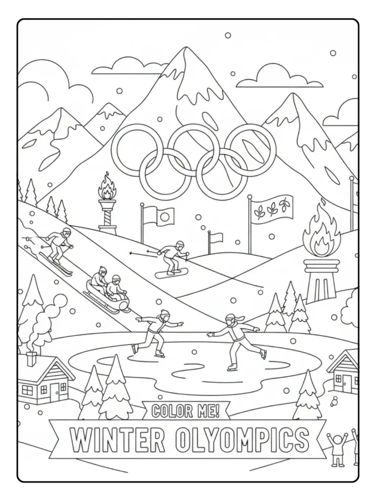 Snowy Mountain Olympics Scene Coloring Page