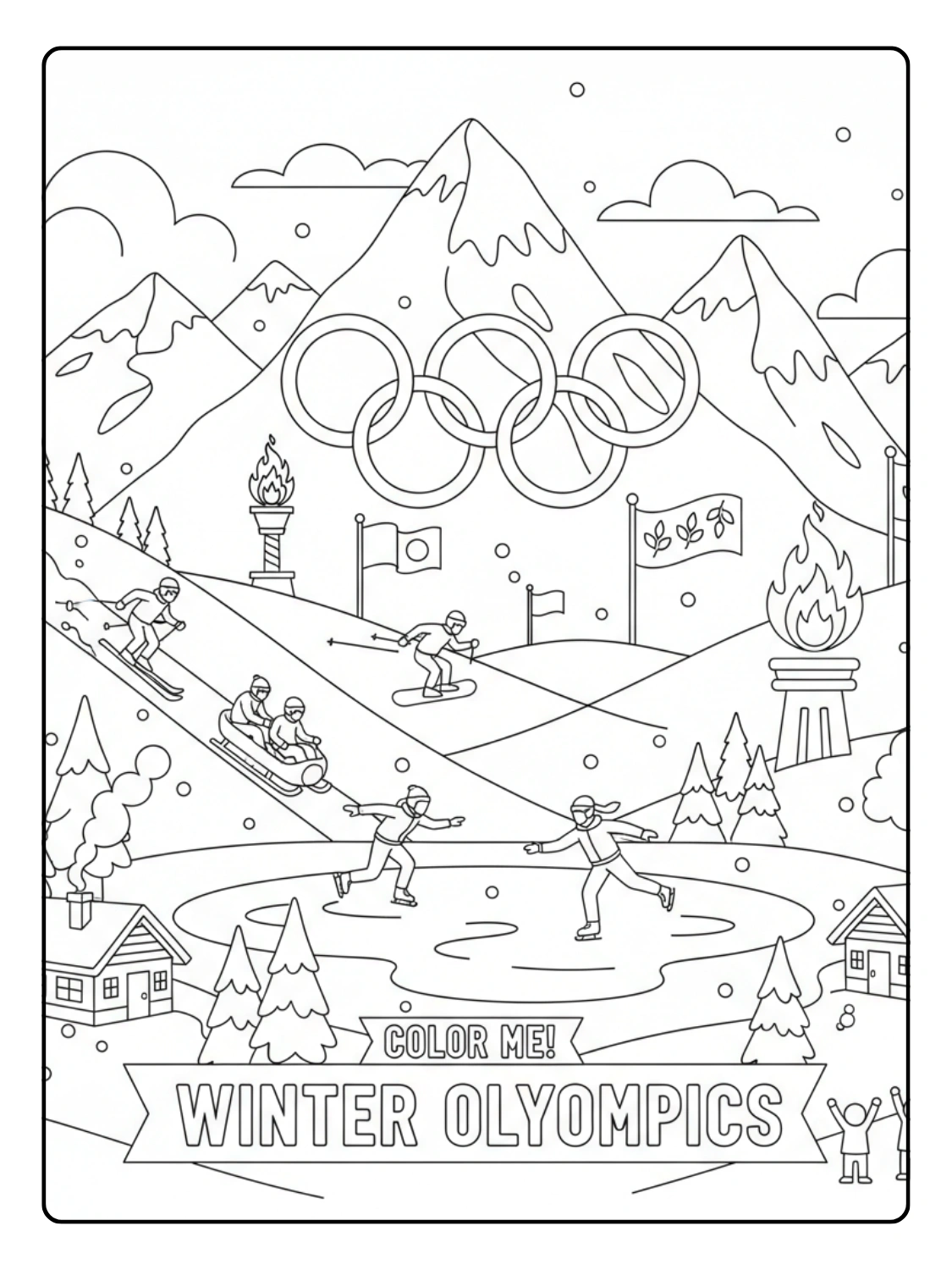 Snowy Mountain Olympics Scene Coloring Page