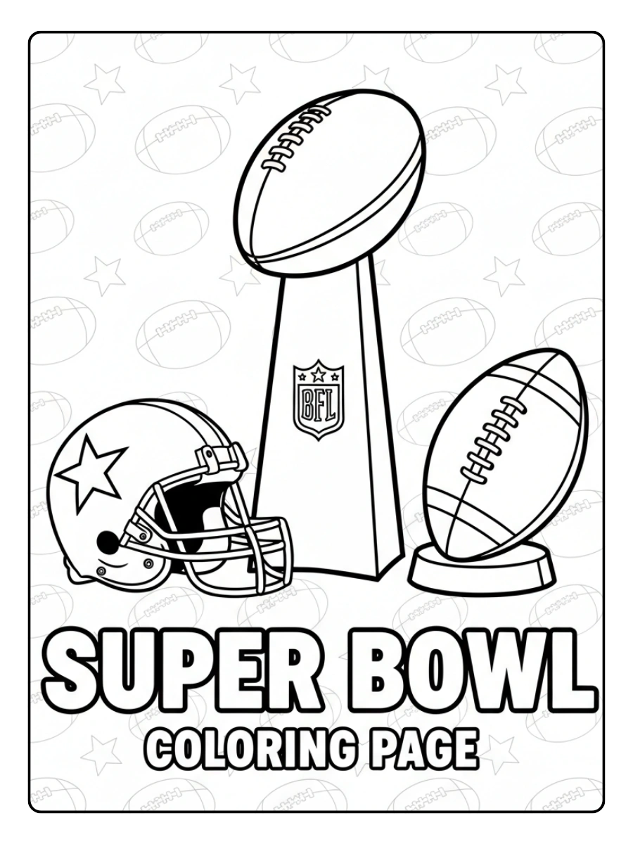 Super Bowl Trophy Coloring Pages – Trophy with Helmet and Ball
