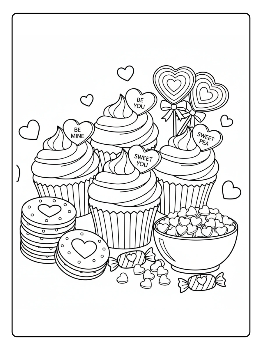 Valentine Cupcakes & Sweets Coloring Pages – Candy Hearts