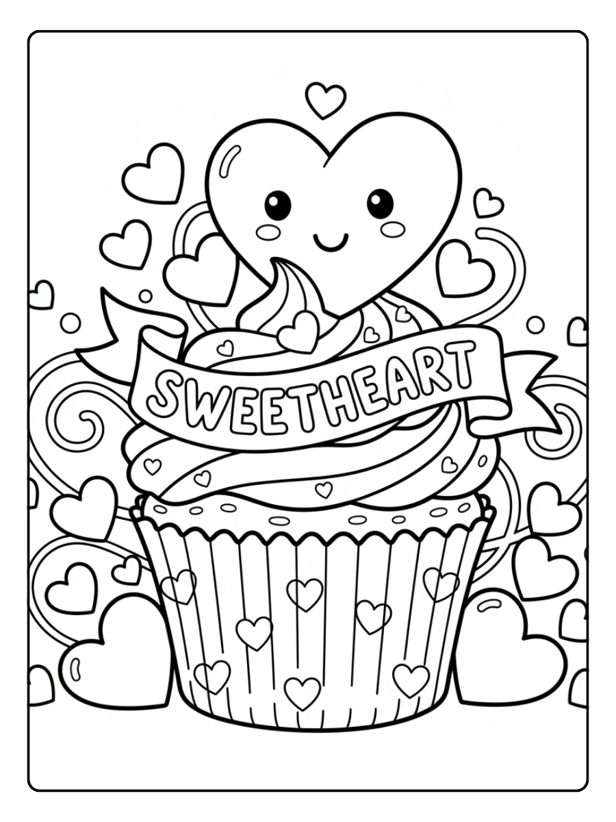 Valentine Cupcakes & Sweets Coloring Pages – Cupcake with Hearts