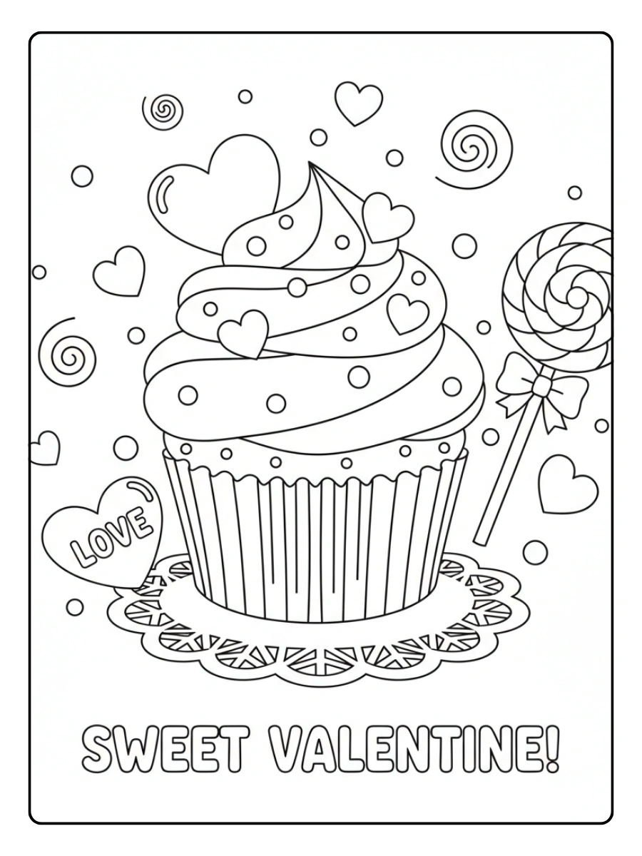 Valentine Cupcakes & Sweets Coloring Pages – Cute Cupcake