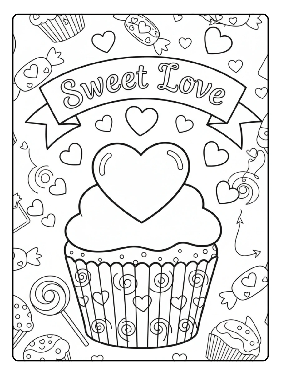 Valentine Cupcakes & Sweets Coloring Pages – Heart Cupcake