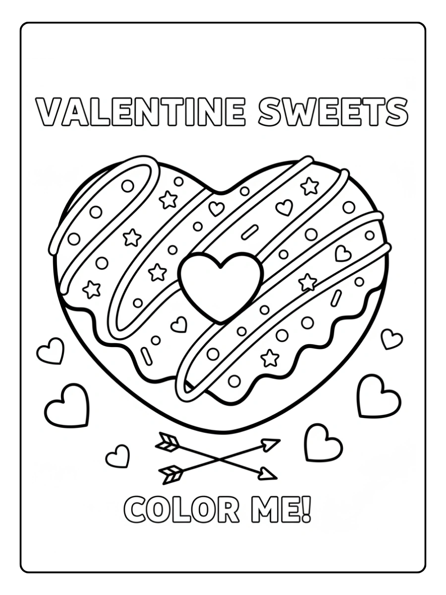 Valentine Cupcakes & Sweets Coloring Pages – Heart Donut