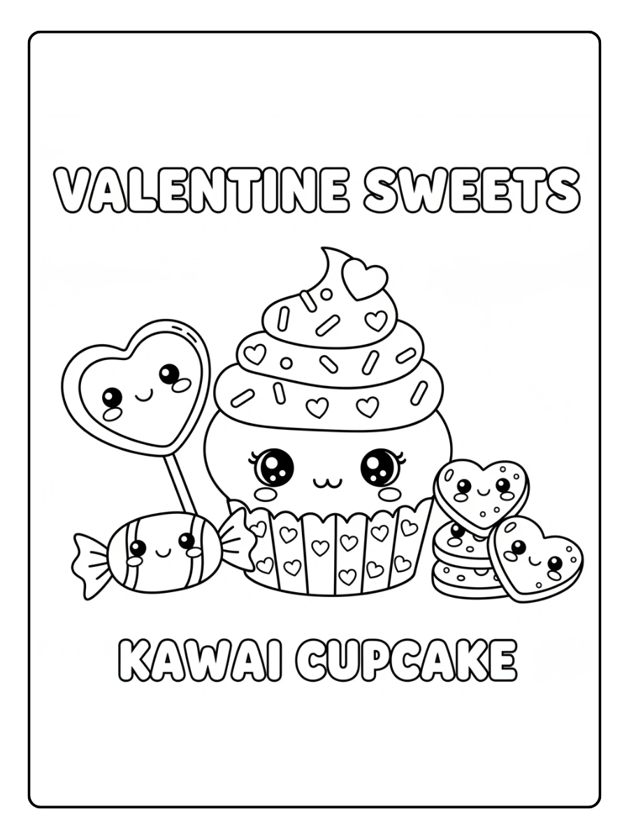 Valentine Cupcakes & Sweets Coloring Pages – Kawaii Cupcake