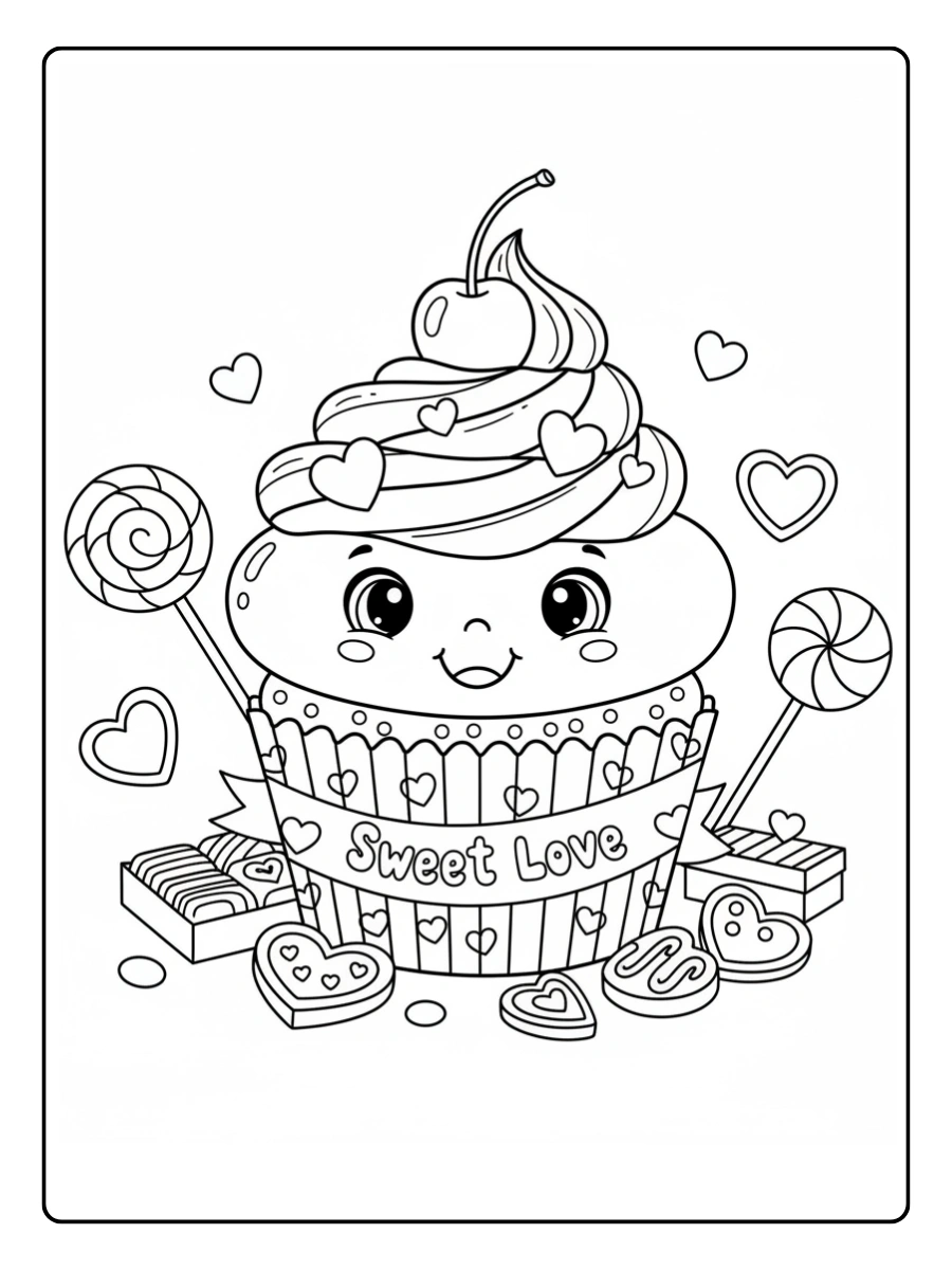 Valentine Cupcakes & Sweets Coloring Pages – Smiling Cupcake