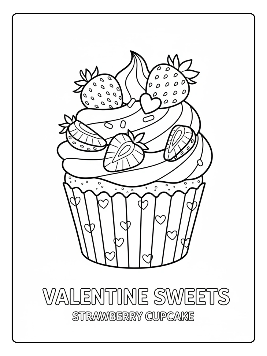 Valentine Cupcakes & Sweets Coloring Pages – Strawberry Cupcake