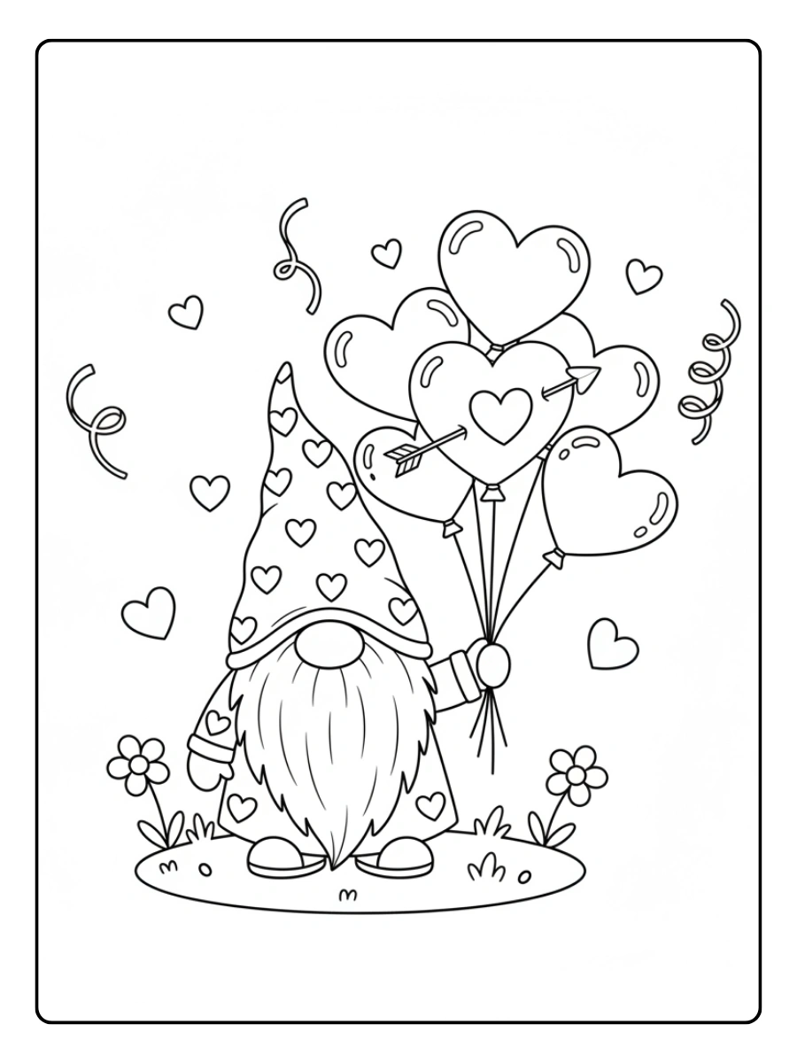 Valentine Gnomes Coloring Pages – Gnome Holding Hearts