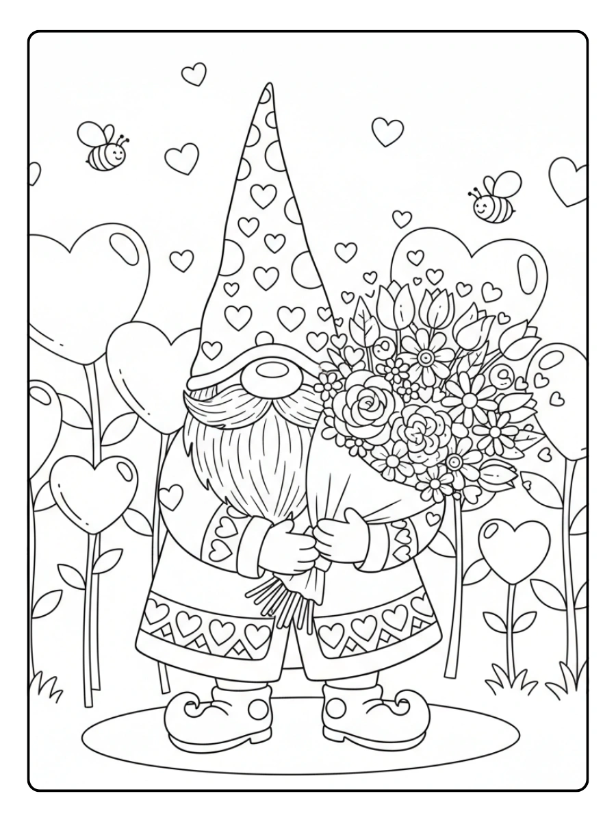 Valentine Gnomes Coloring Pages – Gnome with Flowers
