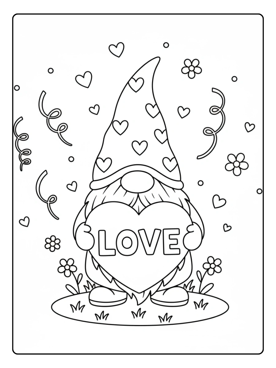 Valentine Gnomes Coloring Pages – Gnome with Love Sign
