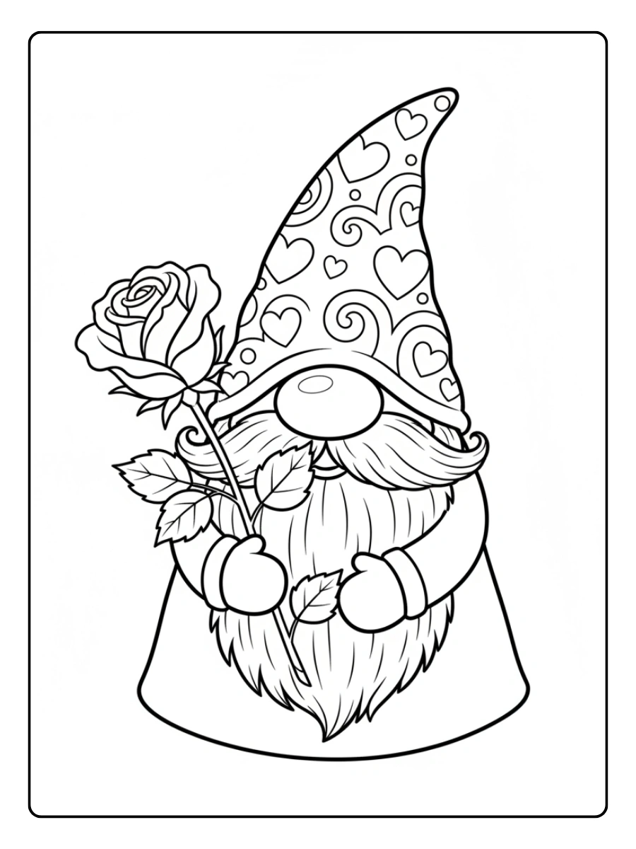 Valentine Gnomes Coloring Pages – Gnome with Rose
