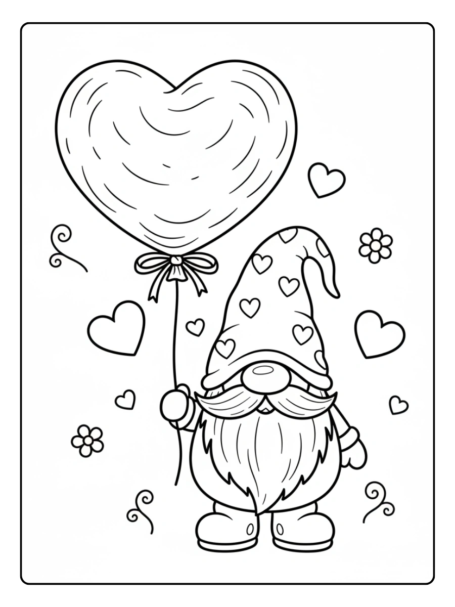 Valentine Gnomes Coloring Pages – Heart Balloon Gnome