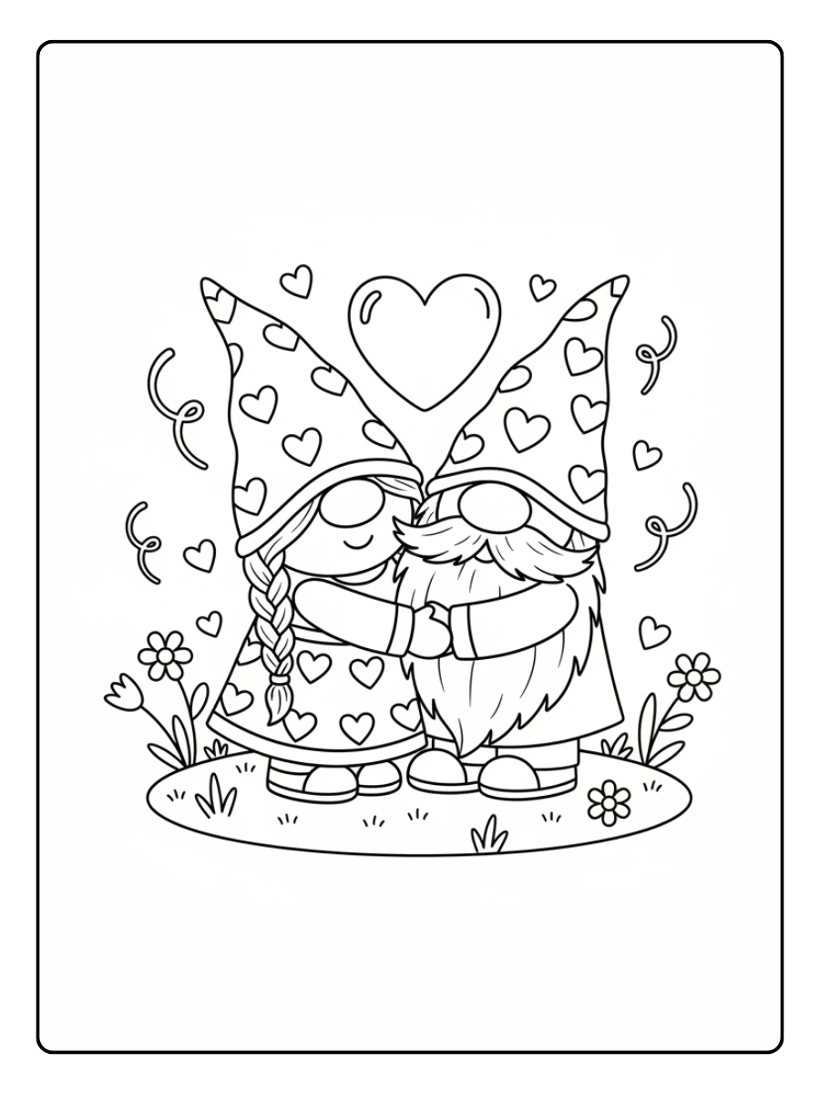 Valentine Gnomes Coloring Pages – Hugging Gnomes