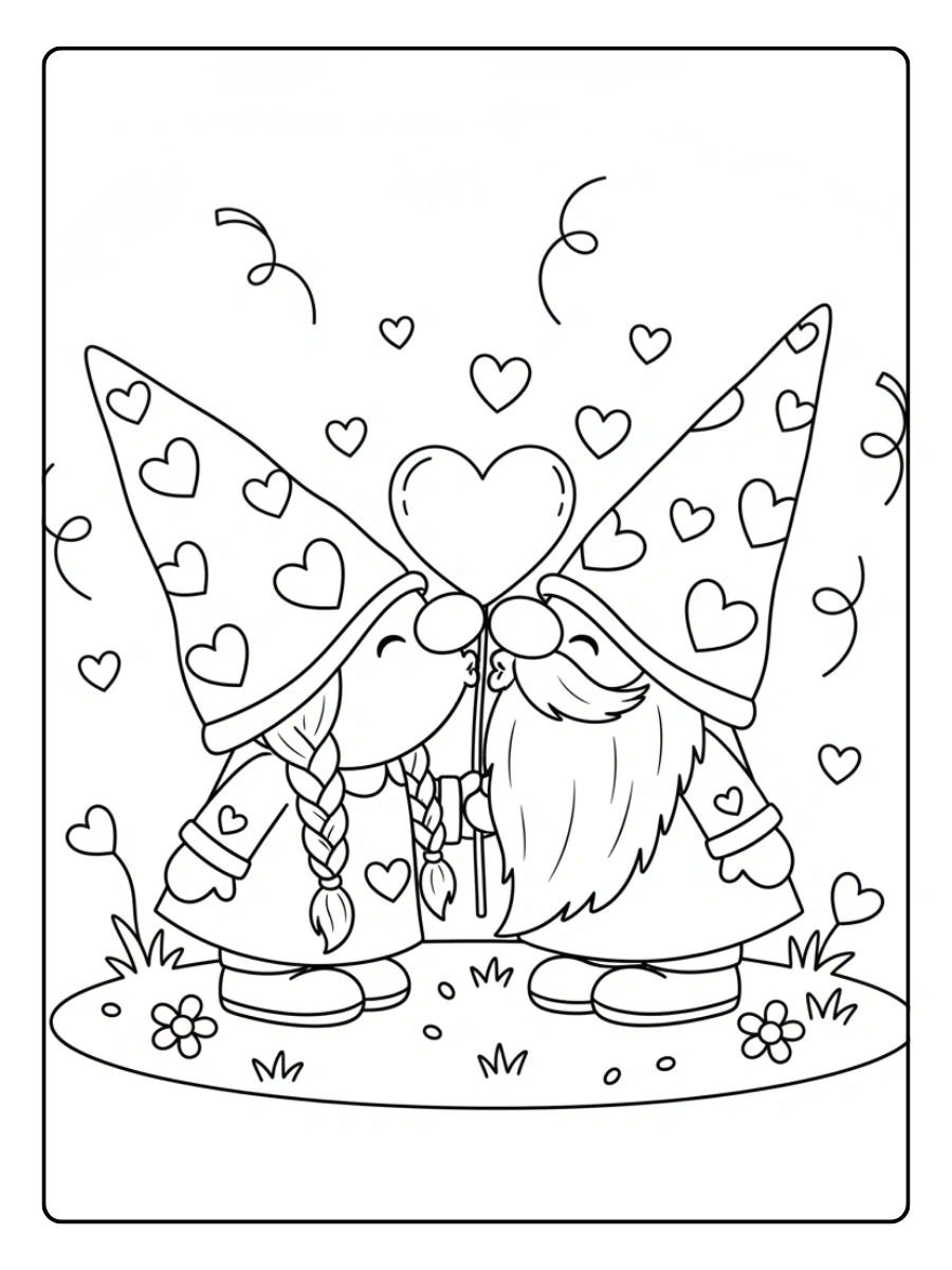 Valentine Gnomes Coloring Pages – Kissing Gnomes
