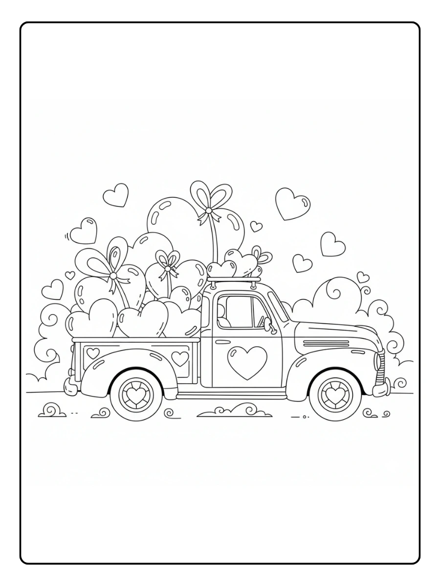 Valentine Trucks with Hearts Coloring Pages – Cartoon Love Truck