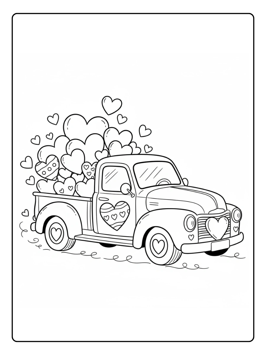 Valentine Trucks with Hearts Coloring Pages – Cute Love Truck