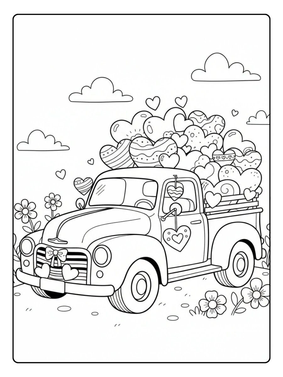 Valentine Trucks with Hearts Coloring Pages – Cute Valentine Truck
