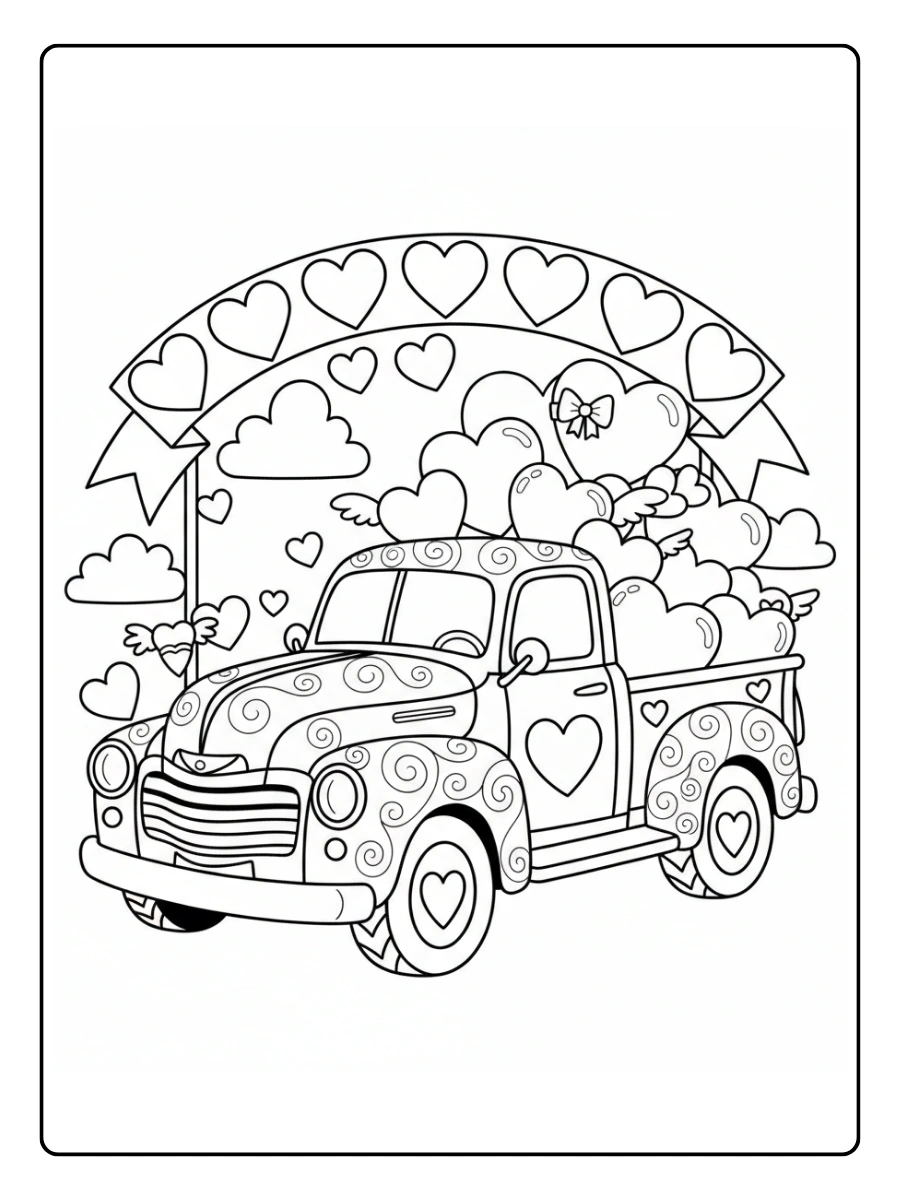 Valentine Trucks with Hearts Coloring Pages – Happy Truck of Love