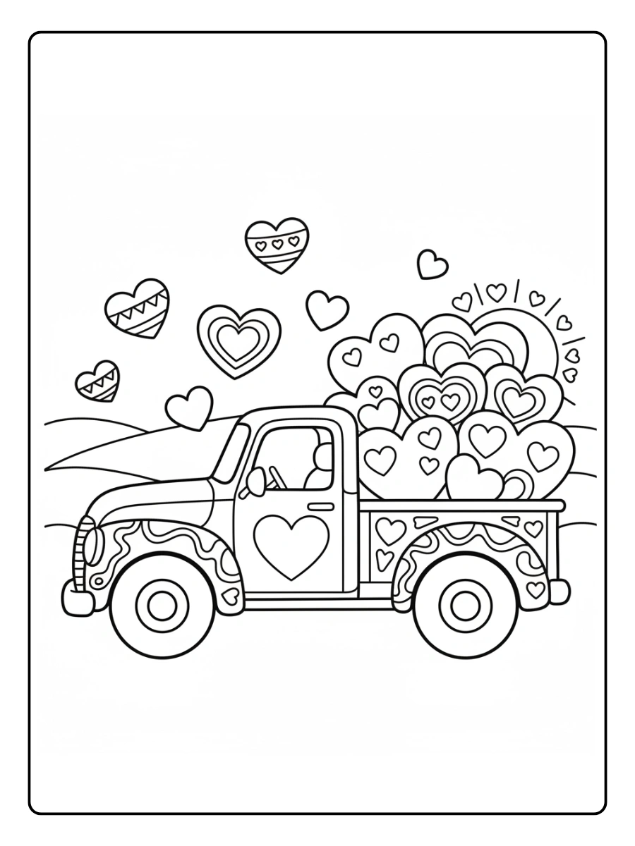Valentine Trucks with Hearts Coloring Pages – Heart Cargo Truck