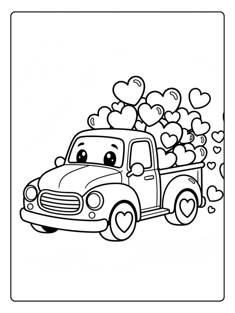 Valentine Trucks with Hearts Coloring Pages – Kawaii Heart Truck
