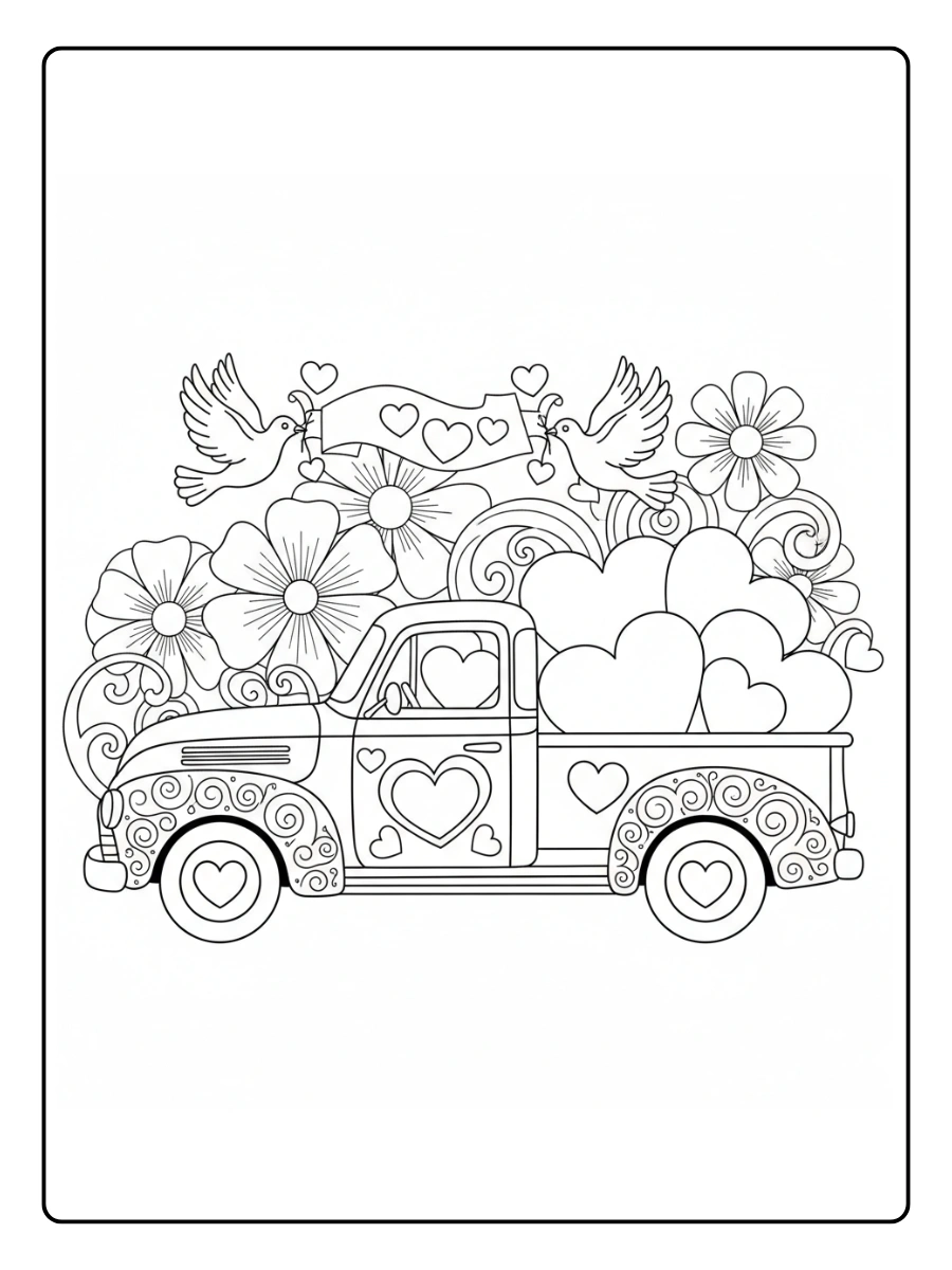 Valentine Trucks with Hearts Coloring Pages – Love Delivery Truck