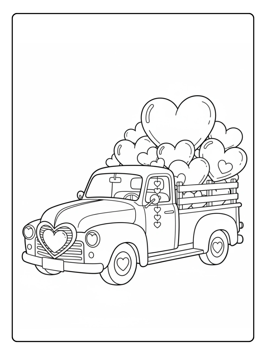 Valentine Trucks with Hearts Coloring Pages – Red Heart Truck