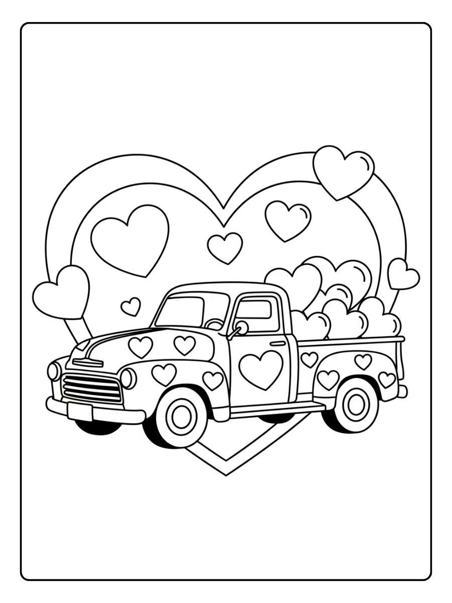 Valentine Trucks with Hearts Coloring Pages – Romantic Truck