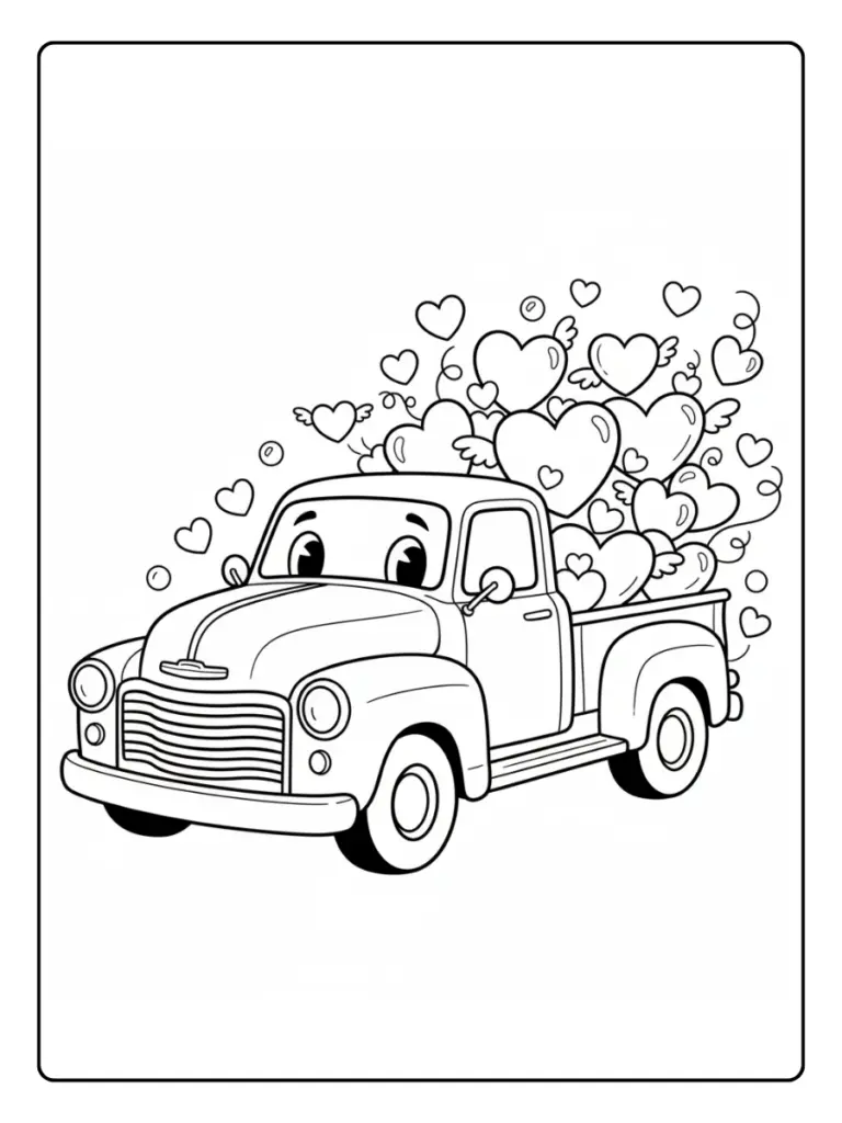 Valentine Trucks with Hearts Coloring Pages – Smiling Truck with Hearts