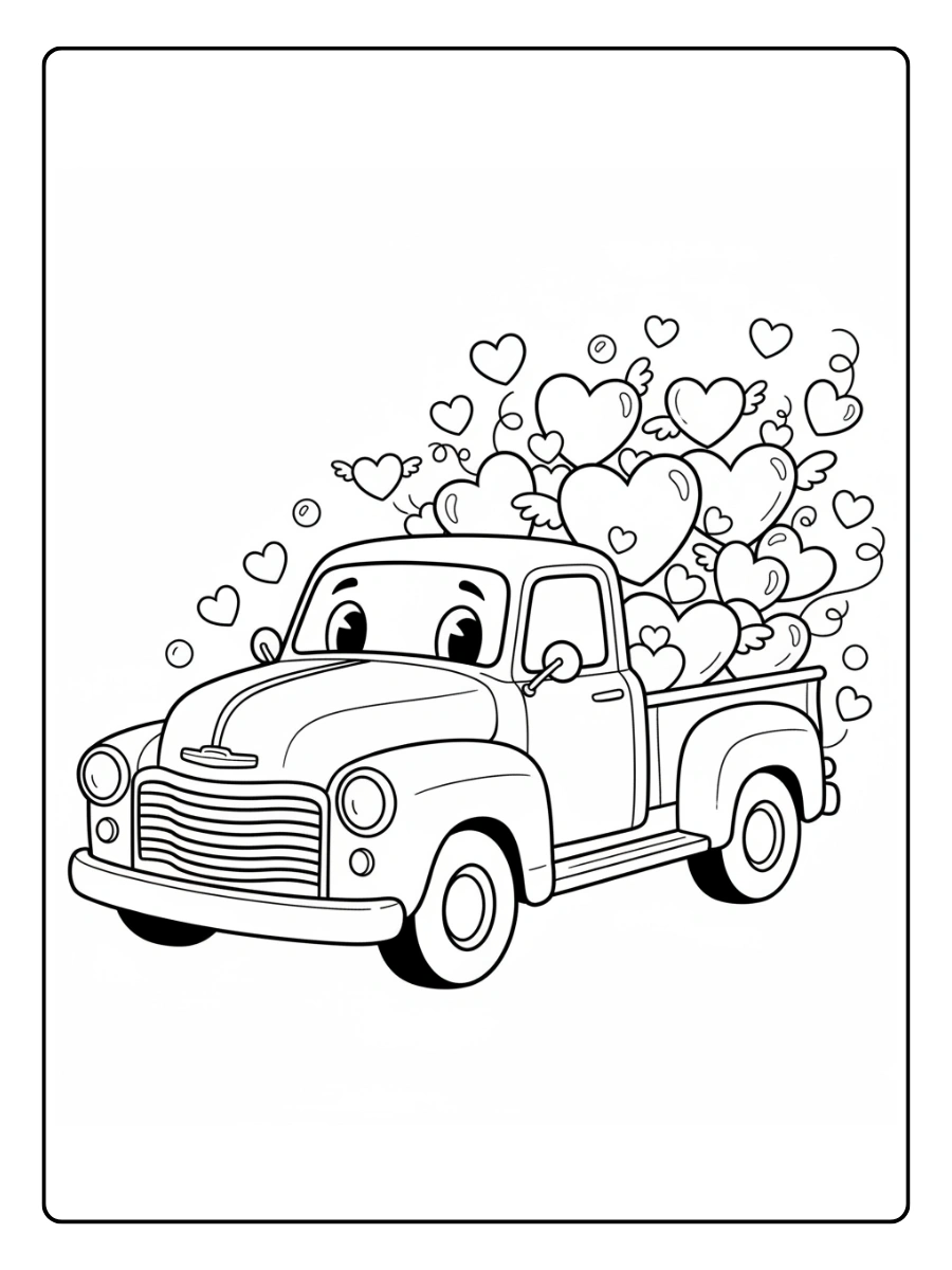 Valentine Trucks with Hearts Coloring Pages – Smiling Truck with Hearts