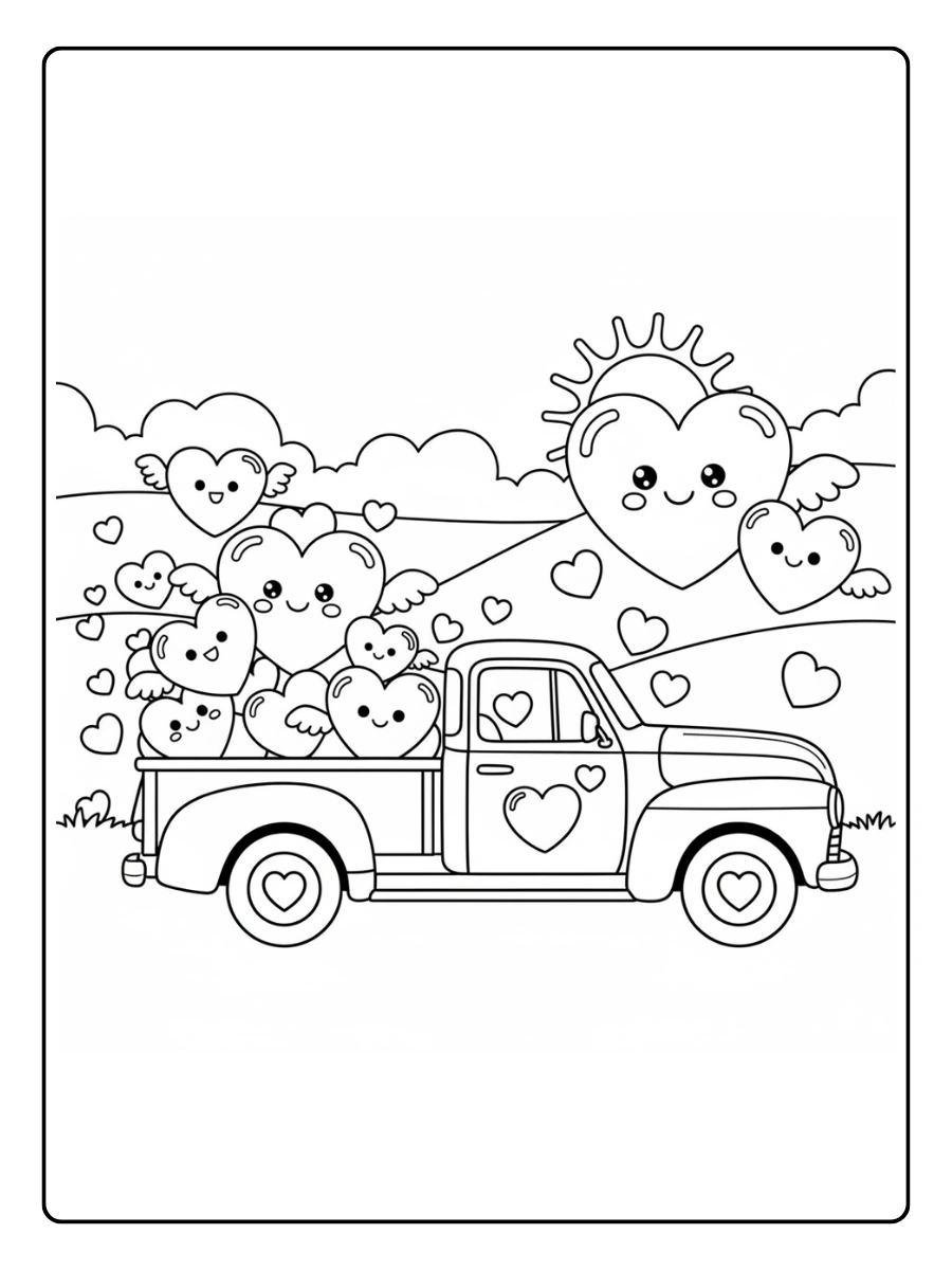 Valentine Trucks with Hearts Coloring Pages – Truck Carrying Love