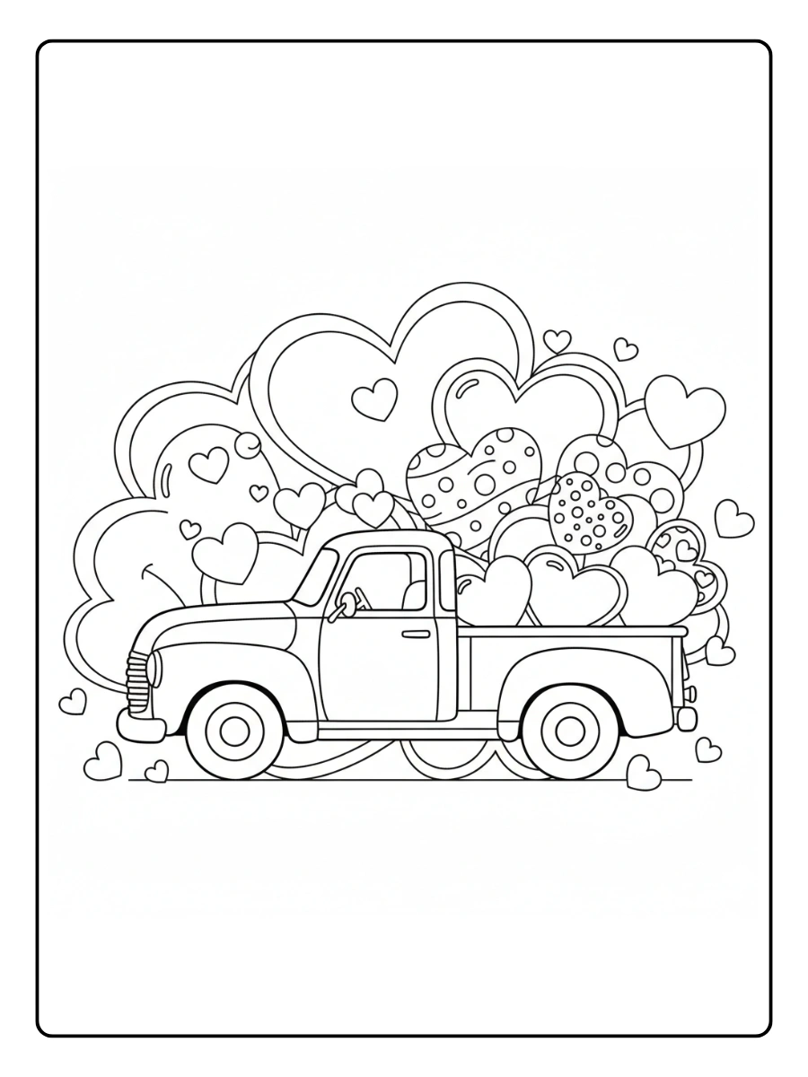 Valentine Trucks with Hearts Coloring Pages – Truck Full of Hearts