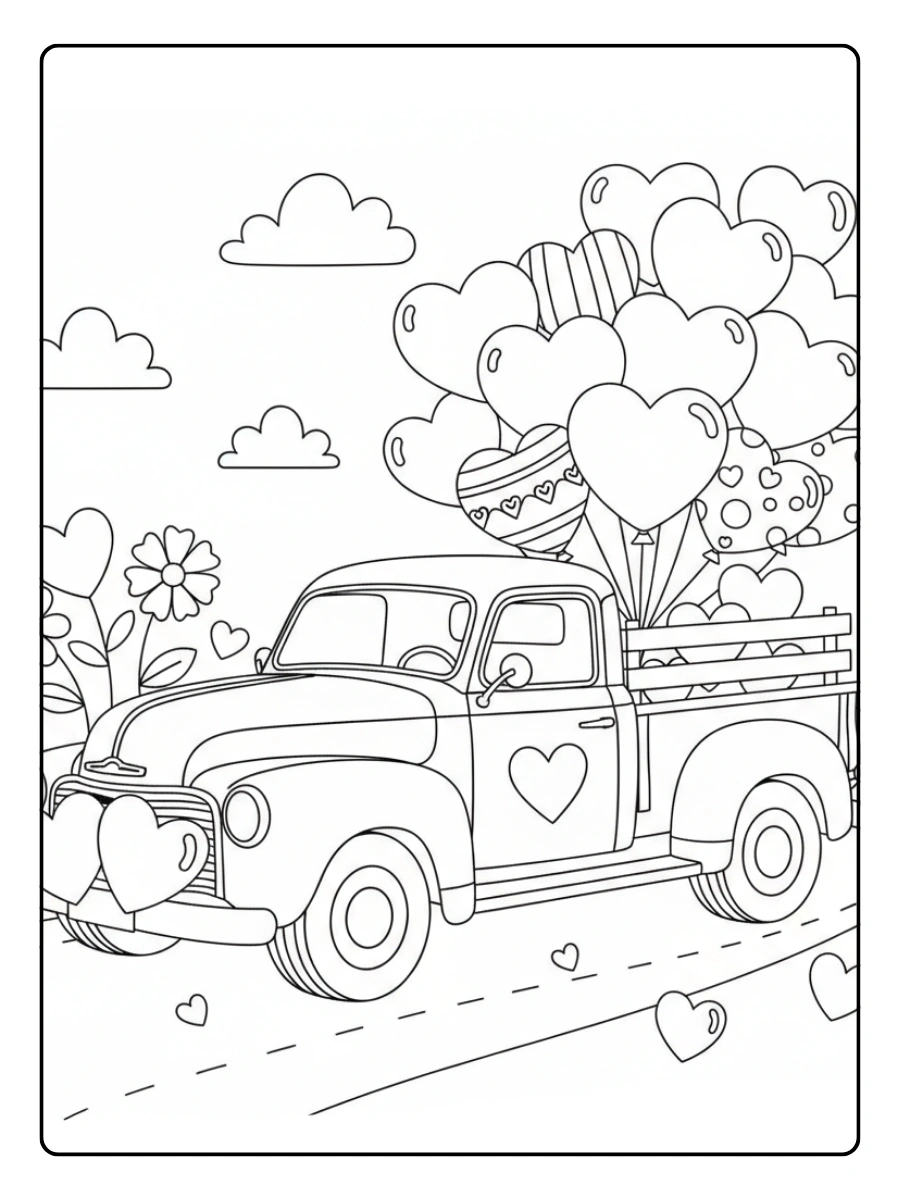 Valentine Trucks with Hearts Coloring Pages – Truck with Heart Balloons