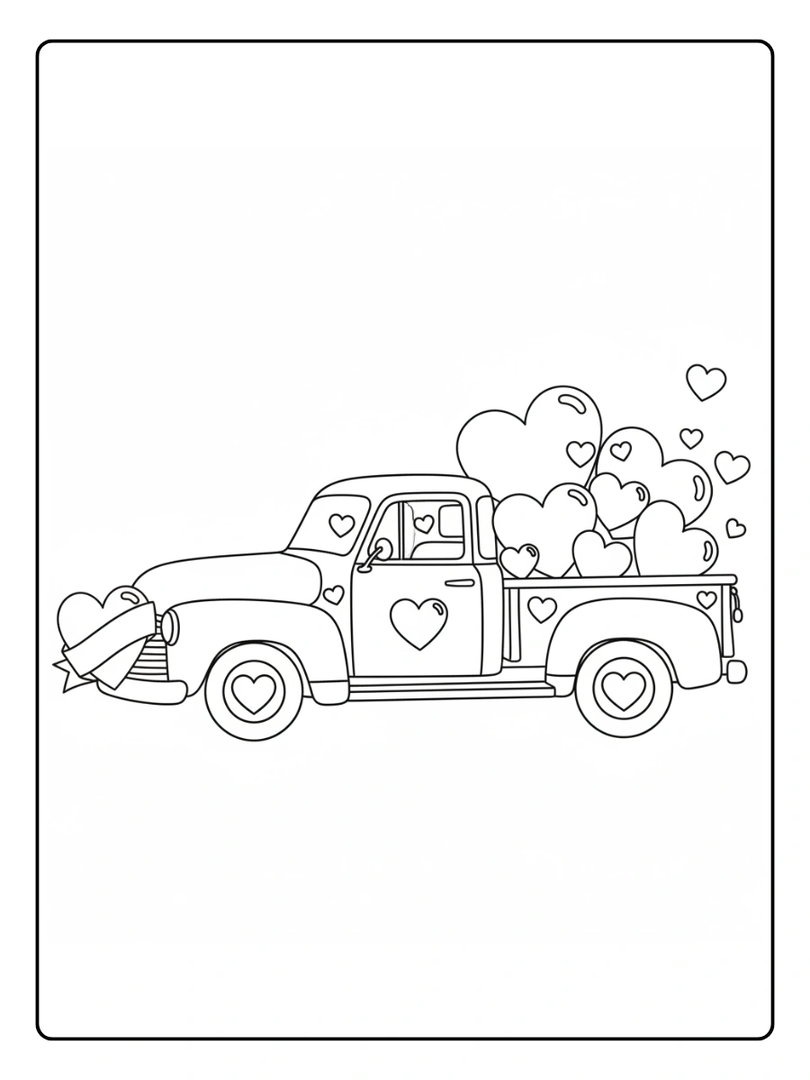 Valentine Trucks with Hearts Coloring Pages – Valentine Pickup Truck