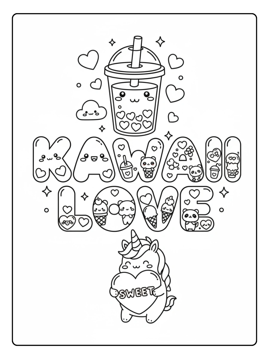Valentine Word Coloring Pages – Kawaii Love Text